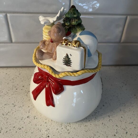 Spode Christmas Tree Round Covered Candy Box Teddy Bear Dove of Peace Tree 8” - Picture 10 of 13